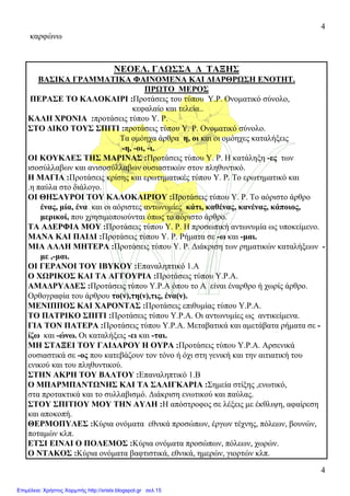 4
4
καρφώνω
ΝΕΟΕΛ. ΓΛΩΣΣΑ ∆ ΤΑΞΗΣ
ΒΑΣΙΚΑ ΓΡΑΜΜΑΤΙΚΑ ΦΑΙΝΟΜΕΝΑ ΚΑΙ ∆ΙΑΡΘΡΩΣΗ ΕΝΟΤΗΤ.
ΠΡΩΤΟ ΜΕΡΟΣ
ΠΕΡΑΣΕ ΤΟ ΚΑΛΟΚΑΙΡΙ :Προτάσεις του τύπου Υ.Ρ. Ονοµατικό σύνολο,
κεφαλαίο και τελεία..
ΚΑΛΗ ΧΡΟΝΙΑ :προτάσεις τύπου Υ. Ρ.
ΣΤΟ ∆ΙΚΟ ΤΟΥΣ ΣΠΙΤΙ :προτάσεις τύπου Υ. Ρ. Ονοµατικό σύνολο.
Τα οµόηχα άρθρα η, οι και οι οµόηχες καταλήξεις
-η, -οι, -ι.
ΟΙ ΚΟΥΚΛΕΣ ΤΗΣ ΜΑΡΙΝΑΣ :Προτάσεις τύπου Υ. Ρ. Η κατάληξη -ες των
ισοσύλλαβων και ανισοσύλλαβων ουσιαστικών στον πληθυντικό.
Η ΜΑΓΙΑ :Προτάσεις κρίσης και ερωτηµατικές τύπου Υ. Ρ. Το ερωτηµατικό και
.η παύλα στο διάλογο.
ΟΙ ΘΗΣΑΥΡΟΙ ΤΟΥ ΚΑΛΟΚΑΙΡΙΟΥ :Προτάσεις τύπου Υ. Ρ. Το αόριστο άρθρο
ένας, µία, ένα και οι αόριστες αντωνυµίες κάτι, καθένας, κανένας, κάποιος,
µερικοί, που χρησιµοποιούνται όπως το αόριστο άρθρο.
ΤΑ Α∆ΕΡΦΙΑ ΜΟΥ :Προτάσεις τύπου Υ. Ρ. Η προσωπική αντωνυµία ως υποκείµενο.
ΜΑΝΑ ΚΑΙ ΠΑΙ∆Ι :Προτάσεις τύπου Υ. Ρ. Ρήµατα σε -ω και -µαι.
ΜΙΑ ΑΛΛΗ ΜΗΤΕΡΑ :Προτάσεις τύπου Υ. Ρ. ∆ιάκριση των ρηµατικών καταλήξεων -
µε ,-µαι.
ΟΙ ΓΕΡΑΝΟΙ ΤΟΥ ΙΒΥΚΟΥ :Επαναληπτικό 1.Α
Ο ΧΩΡΙΚΟΣ ΚΑΙ ΤΑ ΑΓΓΟΥΡΙΑ :Προτάσεις τύπου Υ.Ρ.Α.
ΑΜΑ∆ΡΥΑ∆ΕΣ :Προτάσεις τύπου Υ.Ρ.Α όπου το Α είναι έναρθρο ή χωρίς άρθρο.
Ορθογραφία του άρθρου το(ν),τη(ν),τις, ένα(ν).
ΜΕΝΙΠΠΟΣ ΚΑΙ ΧΑΡΟΝΤΑΣ :Προτάσεις επιθυµίας τύπου Υ.Ρ.Α.
ΤΟ ΠΑΤΡΙΚΟ ΣΠΙΤΙ :Προτάσεις τύπου Υ.Ρ.Α. Οι αντωνυµίες ως αντικείµενα.
ΓΙΑ ΤΟΝ ΠΑΤΕΡΑ :Προτάσεις τύπου Υ.Ρ.Α. Μεταβατικά και αµετάβατα ρήµατα σε -
ίζω και -ώνω. Οι καταλήξεις -ει και -ται.
ΜΗ ΣΤΑΞΕΙ ΤΟΥ ΓΑΙ∆ΑΡΟΥ Η ΟΥΡΑ :Προτάσεις τύπου Υ.Ρ.Α. Αρσενικά
ουσιαστικά σε -ος που κατεβάζουν τον τόνο ή όχι στη γενική και την αιτιατική του
ενικού και του πληθυντικού.
ΣΤΗΝ ΑΚΡΗ ΤΟΥ ΒΑΛΤΟΥ :Επαναληπτικό 1.Β
Ο ΜΠΑΡΜΠΑΝΤΩΝΗΣ ΚΑΙ ΤΑ ΣΑΛΙΓΚΑΡΙΑ :Σηµεία στίξης ,ενωτικό,
στα προτακτικά και το συλλαβισµό. ∆ιάκριση ενωτικού και παύλας.
ΣΤΟΥ ΣΠΙΤΙΟΥ ΜΟΥ ΤΗΝ ΑΥΛΗ :Η απόστροφος σε λέξεις µε έκθλιψη, αφαίρεση
και αποκοπή.
ΘΕΡΜΟΠΥΛΕΣ :Κύρια ονόµατα εθνικά προσώπων, έργων τέχνης, πόλεων, βουνών,
ποταµών κλπ.
ΕΤΣΙ ΕΙΝΑΙ Ο ΠΟΛΕΜΟΣ :Κύρια ονόµατα προσώπων, πόλεων, χωρών.
Ο ΝΤΑΚΟΣ :Κύρια ονόµατα βαφτιστικά, εθνικά, ηµερών, γιορτών κλπ.
Επιμέλεια: Χρήστος Χαρμπής http://xristx.blogspot.gr σελ.15
 