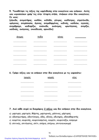 78
5. Τοποθέτησε τις λέξεις της παρένθεσης στην οικογένεια που ανήκουν. Αυτές
που περισσεύουν γράψ΄τες στην τέταρτη στήλη. Ανήκουν στην ίδια οικογένεια;
Σε ποια;
(γήπεδο, ανεμιστήρας, παιδάκι, πεδιάδα, γόνιμος, παιδίατρος, στρατόπεδο,
πρόγονος, ανεμόσκαλα, άγονος, ανεμοδαρμένος, πεδινός, παιδεύω, εγγονός,
ανεμόβροχο, παιδιαρίζω, οικόπεδο, απάνεμος, πρωτόγονος, ανεμίζω,
παιδικός, απόγονος, εκπαίδευση, οροπέδιο)
άνεμος πεδίο γόνος ………………….
……………………… ……………………… ……………………… ………………………
……………………… ……………………… ……………………… ………………………
……………………… ……………………… ……………………… ………………………
……………………… ……………………… ……………………… ………………………
……………………… ……………………… ……………………… ………………………
……………………… ……………………… ……………………… ………………………
6. Γράψε λέξεις που να ανήκουν στην ίδια οικογένεια με τις παρακάτω:
τροχός καιρός νέος
……………………… ……………………… ………………………
……………………… ……………………… ………………………
……………………… ……………………… ………………………
……………………… ……………………… ………………………
……………………… ……………………… ………………………
7. Από κάθε σειρά να διαγράψεις 2 λέξεις που δεν ανήκουν στην ίδια οικογένεια.
α) μαρτυρώ, μαρτυρία, Μάρτης, μαρτυρικός, μάλλινος, μάρτυρας
β) οδοστρωτήρας, οδοντίατρος, οδός, οδικός, οδυνηρός, οδοκαθαριστής
γ) κουρτίνα, κουρελής, κουρελιασμένος, κουρέλι, κουρελιάζω, κούρεμα
δ) σπιτικός, σπιτόγατος, σπίτι, σπόρια, σπέρνω, σπιτονοικοκυρά
΄Εκδοση των Εκπαιδευτηρίων «Ο ΑΠΟΣΤΟΛΟΣ ΠΑΥΛΟΣ»
Επιμέλεια: Χρήστος Χαρμπής http://xristx.blogspot.gr σελ.14
 