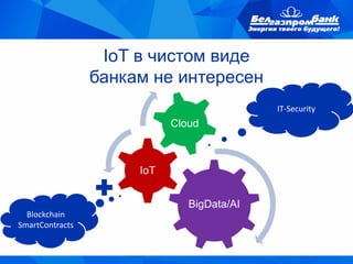 IoT в чистом виде
банкам не интересен
BigData/AI
IoT
Cloud
Blockchain
SmartContracts
IT-Security
 