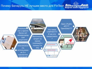 Почему Беларусь НЕ лучшее место для FinTech
Фактическая
невозможно
сть
использован
ия 3-х
курьерских
компаний
Фактически
запрет на
прием
платежей в
пользу 3-х
лиц
Локальность
(ни у одного
банка нет
международ
ной
лицензии)
Что такое
СТАРТАП???
И как его
кредитовать
?
Open /Public
API???
OpenData???
 