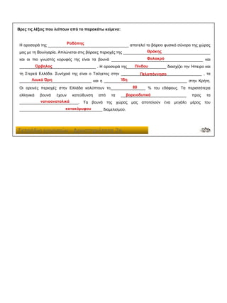 Βρες τις λέξεις που λείπουν από το παρακάτω κείμενο:
Η οροσειρά της _____________________________________ αποτελεί το βόρειο φυσικό σύνορο της χώρας
μας με τη Βουλγαρία. Απλώνεται στις βόρειες περιοχές της ________________________________________
και οι πιο γνωστές κορυφές της είναι τα βουνά __________________________________________ και
___________________________________ . Η οροσειρά της__________________ διασχίζει την Ήπειρο και
τη Στερεά Ελλάδα. Συνέχειά της είναι ο Ταΰγετος στην _____________________________________ , τα
_________________________________ και η ______________________________________ στην Κρήτη.
Οι ορεινές περιοχές στην Ελλάδα καλύπτουν το________________ % του εδάφους. Τα περισσότερα
ελληνικά βουνά έχουν κατεύθυνση από τα ______________________________ προς τα
___________________________. Τα βουνά της χώρας μας αποτελούν ένα μεγάλο μέρος του
______________________________________ διαμελισμού.
Ροδόπης
Θράκης
Φαλακρό
Όρβηλος Πίνδου
Πελοπόννησο
Λευκά Όρη Ίδη
80
βορειοδυτικά
νοτιοανατολικά
κατακόρυφου
 