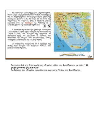 Το μεγαλύτερο μέρος της χώρας μας είναι ορεινό.
Βουνά μικρά και μεγάλα καλύπτουν το 80% του εδάφους
της. Αν παρατηρήσουμε το γεωμορφολογικό χάρτη της
χώρας μας (εικόνα 13.2), θα δούμε ότι τα βουνά της
σχηματίζουν το γράμμα Γ, όπου η οριζόντια γραμμή
χαράζεται από την οροσειρά της Ροδόπης και η
κατακόρυφη από την οροσειρά της Πίνδου
Η οροσειρά της Πίνδου έχει ψηλότερη κορυφή τον
Σμόλικα (2.637 μ.) και αφού διασχίσει την Ήπειρο και τη
Στερεά Ελλάδα, στη συνέχειά της σχηματίζει το
Παναχαϊκό όρος, τον Ερύμανθο, το Μαίναλο, τον
Παρνασσό, τον Tαυγετο στην Πελοπόννησο, καθώς
επίσης τα Λευκά Όρη και την Ίδη στην Κρήτη
Οι επιστήμονες ισχυρίζονται ότι η οροσειρά της
Πίνδου είναι συνέχεια των Διναρικών Άλπεων, που
βρίσκονται στην Κροατία.
Εικόνα 13.2: Γεωμορφολογικός χάρτης της Eλλάδας
Το πρώτο link της δραστηριότητας οδηγεί σε video του Φωτόδεντρου με τίτλο: “ Η
χώρα μου από ψηλά: Βουνά”
Το δεύτερο link οδηγεί σε τριασδιάστατη εικόνα της Πίνδου, στο Φωτόδεντρο
 