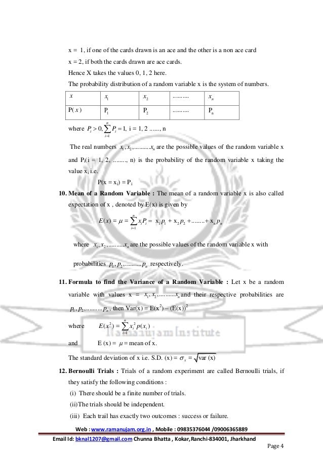 MATHEMATICS FORMULA FOR CLASS XII PROBABILITY