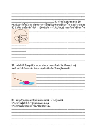 ……………………………………………………………………………………………………..………………………………
………………………………………………………………………………………………………………………………..……
………………………………………………………………………………………………………………………………………
…………………..………………………………………………………31. กว้านมีแขนหมุนยาว 60
เซนติเมตรถ้าไม่มีความเสียดทานการได้เปรียบเชิงกลเป็นเท่าใด และถ้าออกแรง
50 นิวตัน ยกน้าหนักได้จริง 150 นิวตัน การได้เปรียบเชิงกลครั้งหลังเป็นเท่าใด
………………………………………………………………………………………………………..……………………………
…………………………
………………………………………………………………………………………………………..……………………………
…………………………
………………………………………………………………………………………………………..……………………………
…………………………
………………………………………………………………………………………………………..……………………………
…………………………
………………………………………………………………………………………………………..……………………………
…………………………
………………………………………………………………………………………………………..……………………………
…………………………
32. แท่งไม้มีเชือกผูกที่ปลายบน ปลายล่างแตะที่แผ่นวัตถุซึ่งลอยน้าอยู่
จงอธิบายให้เห็นว่าแผ่นวัตถุจะหยุดนิ่งเมื่อเส้นเชือกอยู่ในแนวดิ่ง
………………………………………………………………………………………………………..……………………………
…………………………………………………………………………………………………………………………………..…
………………………………………………………………………………………………………………………………………
……………………..………………………………………………………………………………………………………………
………………………………………………..……………………………………………………………………………………
…………………………………………………………………………..………………………………………………………
33. จงยกตัวอย่างและอธิบายสถานการณ์ ปรากฏการณ์
หรือเทคโนโลยีที่เกี่ยวข้องกับสภาพสมดุล
หรือการนาไปประยุกต์ใช้ในชีวิตประจาวัน
………………………………………………………………………………………………………..……………………………
…………………………………………………………………………………………………………………………………..…
………………………………………………………………………………………………………………………………………
……………………..………………………………………………………………………………………………………………
………………………………………………..……………………………………………………………………………………
…………………………………………………………………………..…………………………………………………………
 