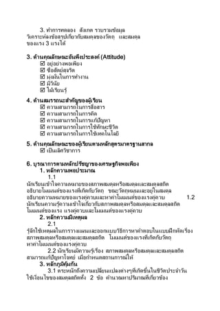 3. ทาการทดลอง สังเกต รวบรวมข้อมูล
วิเคราะห์ลงข้อสรุปเกี่ยวกับสมดุลของวัตถุ และสมดุล
ของแรง 3 แรงได้
3. ด้านคุณลักษณะอันพึงประสงค์ (Attitude)
 อยู่อย่างพอเพียง
 ซื่อสัตย์สุจริต
 มุ่งมั่นในการทางาน
 มีวินัย
 ใฝ่เรียนรู้
4. ด้านสมรรถนะสาคัญของผู้เรียน
 ความสามารถในการสื่อสาร
 ความสามารถในการคิด
 ความสามารถในการแก้ปัญหา
 ความสามารถในการใช้ทักษะชีวิต
 ความสามารถในการใช้เทคโนโลยี
5. ด้านคุณลักษณะของผู้เรียนตามหลักสูตรมาตรฐานสากล
 เป็นเลิศวิชาการ
6. บูรณาการตามหลักปรัชญาของเศรษฐกิจพอเพียง
1. หลักความพอประมาณ
1.1
นักเรียนเข้าใจความหมายของสภาพสมดุลหรือสมดุลและสมดุลสถิต
อธิบายโมเมนต์ของแรงที่เกิดกับวัตถุ ขณะวัตถุหมุนและอยู่ในสมดุล
อธิบายความหมายของแรงคู่ควบและหาค่าโมเมนต์ของแรงคู่ควบ 1.2
นักเรียนความรู้ความเข้าใจเกี่ยวกับสภาพสมดุลหรือสมดุลและสมดุลสถิต
โมเมนต์ของแรง แรงคู่ควบและโมเมนต์ของแรงคู่ควบ
2. หลักความมีเหตุผล
2.1
รู้จักใช้เหตุผลในการวางแผนและออกแบบวิธีการหาคาตอบในแบบฝึกหัดเรื่อง
สภาพสมดุลหรือสมดุลและสมดุลสถิต โมเมนต์ของแรงที่เกิดกับวัตถุ
หาค่าโมเมนต์ของแรงคู่ควบ
2.2 นักเรียนมีความรู้เรื่อง สภาพสมดุลหรือสมดุลและสมดุลสถิต
สามารถแก้ปัญหาโจทย์ เมื่อกาหนดสถานการณ์ให้
3. หลักภูมิคุ้มกัน
3.1 ตระหนักถึงความเปลี่ยนแปลงต่างๆที่เกิดขึ้นในชีวิตประจาวัน
ใช้เงื่อนไขของสมดุลสถิตทั้ง 2 ข้อ คานวณหาปริมาณที่เกี่ยวข้อง
 