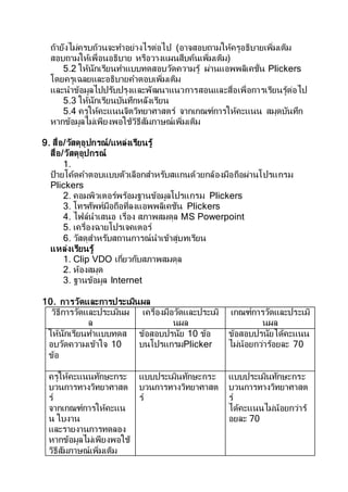 ถ้ายังไม่ครบถ้วนจะทาอย่างไรต่อไป (อาจสอบถามให้ครูอธิบายเพิ่มเติม
สอบถามให้เพื่อนอธิบาย หรือวางแผนสืบค้นเพิ่มเติม)
5.2 ให้นักเรียนทาแบบทดสอบวัดความรู้ ผ่านแอพพลิเคชั่น Plickers
โดยครูเฉลยและอธิบายคาตอบเพิ่มเติม
และนาข้อมูลไปปรับปรุงและพัฒนาแนวการสอนและสื่อเพื่อการเรียนรู้ต่อไป
5.3 ให้นักเรียนบันทึกหลังเรียน
5.4 ครูให้คะแนนจิตวิทยาศาสตร์ จากเกณฑ์การให้คะแนน สมุดบันทึก
หากข้อมูลไม่เพียงพอใช้วิธีสัมภาษณ์เพิ่มเติม
9. สื่อ/วัสดุอุปกรณ์/แหล่งเรียนรู้
สื่อ/วัสดุอุปกรณ์
1.
ป้ายโค้ดคาตอบแบบตัวเลือกสาหรับสแกนด้วยกล้องมือถือผ่านโปรแกรม
Plickers
2. คอมพิวเตอร์พร้อมฐานข้อมูลโปรแกรม Plickers
3. โทรศัพท์มือถือที่ลงแอพพลิเคชัน Plickers
4. ไฟล์นาเสนอ เรื่อง สภาพสมดุล MS Powerpoint
5. เครื่องฉายโปรเจคเตอร์
6. วัสดุสาหรับสถานการณ์นาเข้าสู่บทเรียน
แหล่งเรียนรู้
1. Clip VDO เกี่ยวกับสภาพสมดุล
2. ห้องสมุด
3. ฐานข้อมูล Internet
10. การวัดและการประเมินผล
วิธีการวัดและประเมินผ
ล
เครื่องมือวัดและประเมิ
นผล
เกณฑ์การวัดและประเมิ
นผล
ให้นักเรียนทาแบบทดส
อบวัดความเข้าใจ 10
ข้อ
ข้อสอบปรนัย 10 ข้อ
บนโปรแกรมPlicker
ข้อสอบปรนัยได้คะแนน
ไม่น้อยกว่าร้อยละ 70
ครูให้คะแนนทักษะกระ
บวนการทางวิทยาศาสต
ร์
จากเกณฑ์การให้คะแน
น ใบงาน
และรายงานการทดลอง
หากข้อมูลไม่เพียงพอใช้
วิธีสัมภาษณ์เพิ่มเติม
แบบประเมินทักษะกระ
บวนการทางวิทยาศาสต
ร์
แบบประเมินทักษะกระ
บวนการทางวิทยาศาสต
ร์
ได้คะแนนไม่น้อยกว่าร้
อยละ 70
 