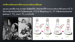 ประวัติความเป็นมาของการศึกษากระบวนการสังเคราะห์ด้วยแสง
แซม รูเบน และมาร์ติน คาเมน (พ.ศ.2484) เป็นผู้พิสูจน์ได้ว่า แก๊สออกซิเจนที่ได้จากกระบวนการสังเคราะห์ด้วยแสงมากจากน้า ไม่
ได้มาจากแก๊สคาร์บอนไดออกไซด์ โดยใช้ออกซิเจนหนัก (18O) คือ ใช้น้าสูตรโมเลกุล H2
18O กับใช้แก๊สคาร์บอนไดออกไซด์
สูตรโมเลกุล C 18O2 เขาพบว่า 18O2 มาจากน้าเท่านั้น
 