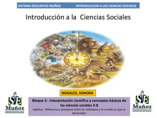 SISTEMA EDUCATIVO MUÑOZ INTRODUCCION A LAS CIENCIAS SOCIALES
NOGALES, SONORA
Bloque 3.- Interpretación científica y conceptos básicos de
las ciencias sociales 3-8
objetivo.. Diferencia y semejanza entre los individuos y el mundo en que se
desarrollan
 