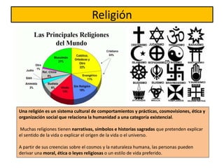 Religión
Una religión es un sistema cultural de comportamientos y prácticas, cosmovisiones, ética y
organización social que relaciona la humanidad a una categoría existencial.
Muchas religiones tienen narrativas, símbolos e historias sagradas que pretenden explicar
el sentido de la vida o explicar el origen de la vida o el universo.
A partir de sus creencias sobre el cosmos y la naturaleza humana, las personas pueden
derivar una moral, ética o leyes religiosas o un estilo de vida preferido.
 