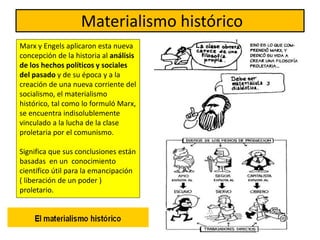 Materialismo histórico
Marx y Engels aplicaron esta nueva
concepción de la historia al análisis
de los hechos políticos y sociales
del pasado y de su época y a la
creación de una nueva corriente del
socialismo, el materialismo
histórico, tal como lo formuló Marx,
se encuentra indisolublemente
vinculado a la lucha de la clase
proletaria por el comunismo.
Significa que sus conclusiones están
basadas en un conocimiento
científico útil para la emancipación
( liberación de un poder )
proletario.
 