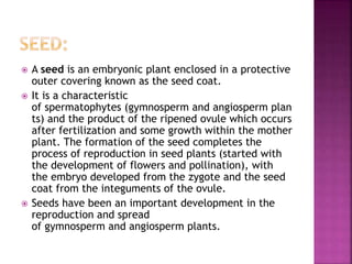  A seed is an embryonic plant enclosed in a protective
outer covering known as the seed coat.
 It is a characteristic
of spermatophytes (gymnosperm and angiosperm plan
ts) and the product of the ripened ovule which occurs
after fertilization and some growth within the mother
plant. The formation of the seed completes the
process of reproduction in seed plants (started with
the development of flowers and pollination), with
the embryo developed from the zygote and the seed
coat from the integuments of the ovule.
 Seeds have been an important development in the
reproduction and spread
of gymnosperm and angiosperm plants.
 