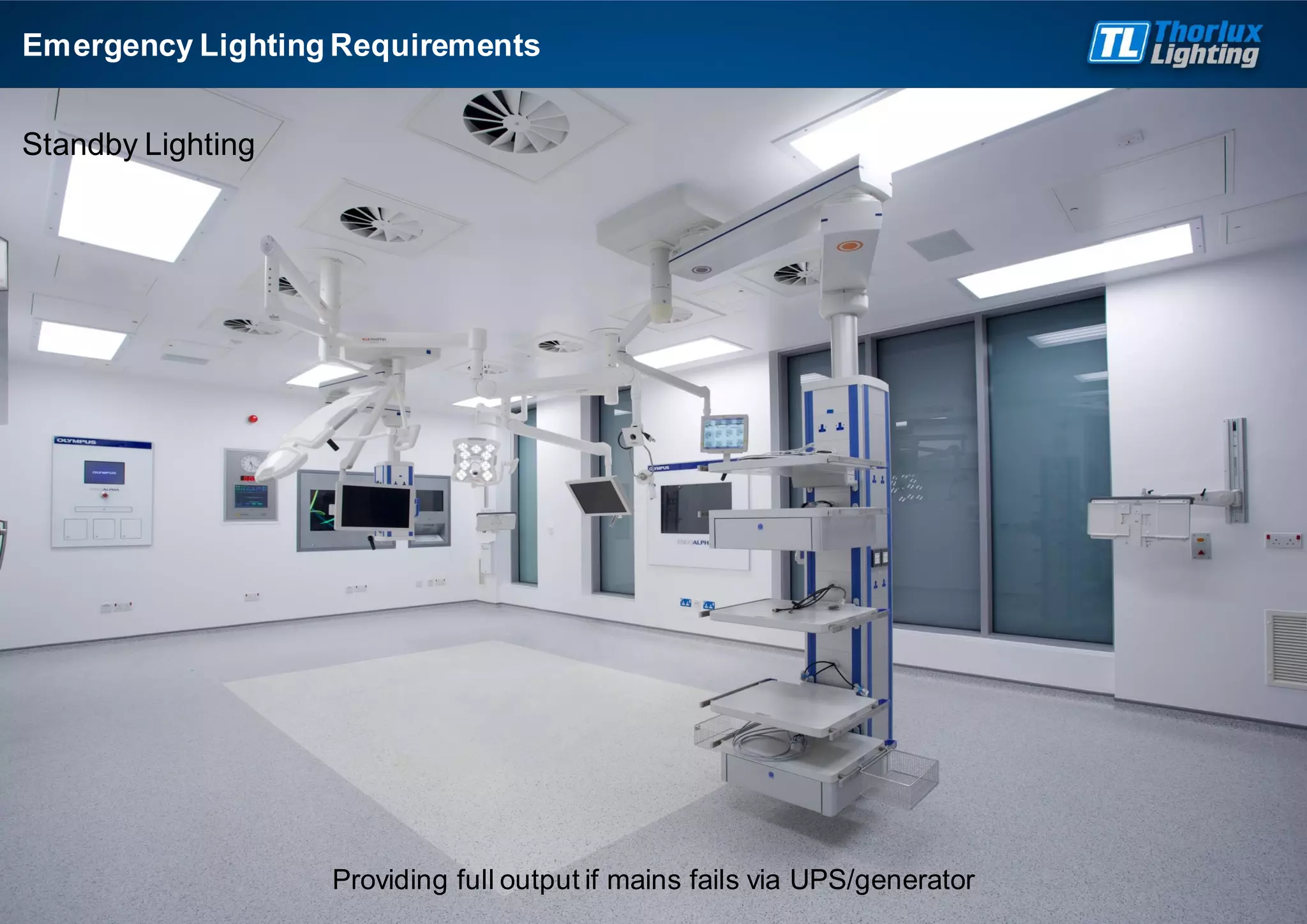 Emergency Lighting Requirements
Standby Lighting
Providing full output if mains fails via UPS/generator
 