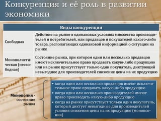 Конкуренция и её роль в развитии
экономики
Виды конкуренции
Свободная
Действие на рынке в одинаковых условиях множества производи-
телей и потребителей, или продавцов и покупателей какого-либо
товара, располагающих одинаковой информацией о ситуации на
рынке
Монополисти-
ческая (несво-
бодная)
Состояние рынка, при котором один или несколько продавцов
имеют исключительное право продавать какую-либо продукцию
или на рынке присутствует только один покупатель, диктующий
невыгодное для производителей снижение цены на их продукцию
Монополия -
состояние
рынка
• когда один или несколько продавцов имеют исключи-
тельное право продавать какую-либо продукцию
• когда один или несколько производителей имеют
право производить какую-либо продукцию
• когда на рынке присутствует только один покупатель,
который диктует невыгодные для производителей
условия снижения цены на их продукцию (монопсо-
ния)
 