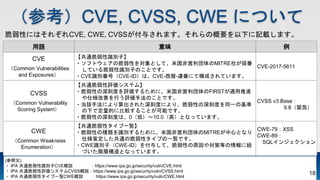 οCVE, CVSS, CWE ˤĤ
Z ζ 
CVE
Common Vulnerabilities
and Exposures
ͨReӡ
?եȥδԤȤơ׹ǆMITRE礬
ƤReӤΤȤǤ
?CVEReţCVE-IDϡCVE--BˤƘɤƤޤ
CVE-2017-5611
CVSS
Common Vulnerability
Scoring System
ͨuƥࡿ
?Ԥ̶Ȥu뤿ˡ׹ǆFIRSTmM
˘ƤФuַΤȤǤ
?ԓַˤ줿̶ȤˤꡢԤ̶Ȥͬһλ
¤ǶĤ˱^뤳ȤܤǤ
?Ԥ̶Ȥϡ0ͣ10.0ߣȤʤäƤޤ
CVSS v3 Base
9.8o
CWE
Common Weakness
Enumeration
ͨԥһE
?ԤηNRe뤿ˡ׹ǆMITREĤȤʤ
˘߶ͨδԥפһEǤ
?CWEReӣCWE-ID뤷ơԤԭ䌝ߵȤ˼~
ŤAӘȤʤäƤޤ
CWE-79XSS
CWE-89
SQL󥸥
(Ԫ)
? IPA ͨReCVEh https://www.ipa.go.jp/security/vuln/CVE.html
? IPA ͨuƥCVSShhttps://www.ipa.go.jp/security/vuln/CVSS.html
? IPA ͨԥһECWEh https://www.ipa.go.jp/security/vuln/CWE.html
ԤˤϤ줾CVE, CWE, CVSS뤵ޤθҪ¤ӛdޤ
18
 