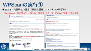 WPScanΌgТ
ʳ줿ԤҊʳ2ƥĸĤ
Wordpress, REST API, 4.7.1,ԡ򥭩``ɤWebǗƤߤY
Ԫhttps://www.ipa.go.jp/security/ciadr/vul/20170206-wordpress.html 22
 