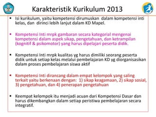  Isi kurikulum, yaitu kompetensi dirumuskan dalam kompetensi inti
kelas, dan dirinci lebih lanjut dalam KD Mapel.
 Kompetensi Inti mrpk gambaran secara kategorial mengenai
kompetensi dalam aspek sikap, pengetahuan, dan ketrampilan
(kognitif & psikomotor) yang harus dipelajari peserta didik.
 Kompetensi Inti mrpk kualitas yg harus dimiliki seorang peserta
didik untuk setiap kelas melalui pembelajaran KD yg diorganisasikan
dalam proses pembelajaran siswa aktif
 Kompetensi Inti dirancang dalam empat kelompok yang saling
terkait yaitu berkenaan dengan: 1) sikap keagamaan, 2) sikap sosial,
3) pengetahuan, dan 4) penerapan pengetahuan
 Keempat kelompok itu menjadi acuan dari Kompetensi Dasar dan
harus dikembangkan dalam setiap peristiwa pembelajaran secara
integratif.
Karakteristik Kurikulum 2013
 