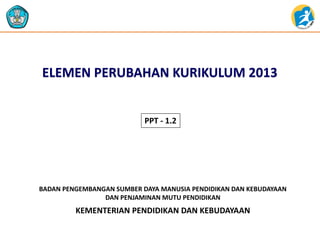 KEMENTERIAN PENDIDIKAN DAN KEBUDAYAAN
BADAN PENGEMBANGAN SUMBER DAYA MANUSIA PENDIDIKAN DAN KEBUDAYAAN
DAN PENJAMINAN MUTU PENDIDIKAN
ELEMEN PERUBAHAN KURIKULUM 2013
PPT - 1.2
 