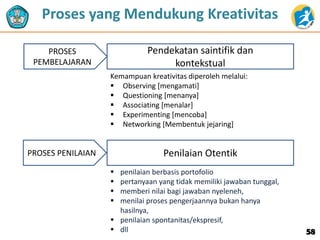 PROSES
PEMBELAJARAN
PROSES PENILAIAN
Kemampuan kreativitas diperoleh melalui:
 Observing [mengamati]
 Questioning [menanya]
 Associating [menalar]
 Experimenting [mencoba]
 Networking [Membentuk jejaring]
Proses yang Mendukung Kreativitas
Pendekatan saintifik dan
kontekstual
 penilaian berbasis portofolio
 pertanyaan yang tidak memiliki jawaban tunggal,
 memberi nilai bagi jawaban nyeleneh,
 menilai proses pengerjaannya bukan hanya
hasilnya,
 penilaian spontanitas/ekspresif,
 dll
Penilaian Otentik
58
 