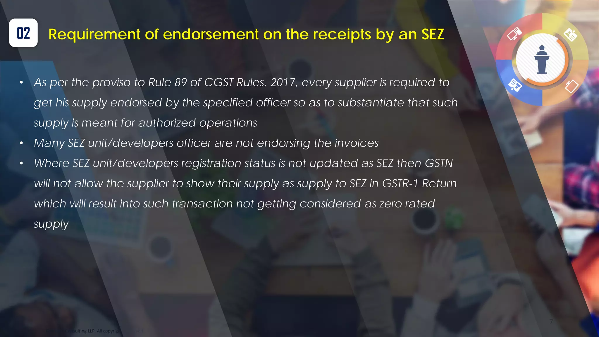 Optitax’s Consulting LLP. All copyrights reserved
7
02 Requirement of endorsement on the receipts by an SEZ
• As per the proviso to Rule 89 of CGST Rules, 2017, every supplier is required to
get his supply endorsed by the specified officer so as to substantiate that such
supply is meant for authorized operations
• Many SEZ unit/developers officer are not endorsing the invoices
• Where SEZ unit/developers registration status is not updated as SEZ then GSTN
will not allow the supplier to show their supply as supply to SEZ in GSTR-1 Return
which will result into such transaction not getting considered as zero rated
supply
 