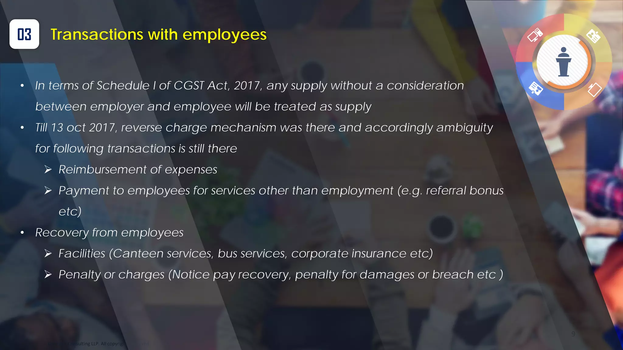 Optitax’s Consulting LLP. All copyrights reserved
9
03 Transactions with employees
• In terms of Schedule I of CGST Act, 2017, any supply without a consideration
between employer and employee will be treated as supply
• Till 13 oct 2017, reverse charge mechanism was there and accordingly ambiguity
for following transactions is still there
 Reimbursement of expenses
 Payment to employees for services other than employment (e.g. referral bonus
etc)
• Recovery from employees
 Facilities (Canteen services, bus services, corporate insurance etc)
 Penalty or charges (Notice pay recovery, penalty for damages or breach etc )
 
