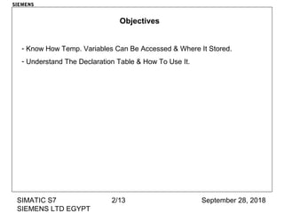 September 28, 2018SIMATIC S7
SIEMENS LTD EGYPT
2/13
SIEMENS
Objectives
- Know How Temp. Variables Can Be Accessed & Where It Stored.
- Understand The Declaration Table & How To Use It.
 