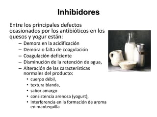 Inhibidores
Entre los principales defectos
ocasionados por los antibióticos en los
quesos y yogur están:
– Demora en la acidificación
– Demora o falta de coagulación
– Coagulación deficiente
– Disminución de la retención de agua,
– Alteración de las características
normales del producto:
• cuerpo débil,
• textura blanda,
• sabor amargo
• consistencia arenosa (yogurt),
• Interferencia en la formación de aroma
en mantequilla
 