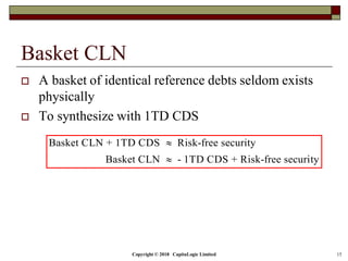 Copyright © 2018 CapitaLogic Limited 15
Basket CLN
 A basket of identical reference debts seldom exists
physically
 To synthesize with 1TD CDS
Basket CLN + 1TD CDS Risk-free security
Basket CLN - 1TD CDS + Risk-free security


 