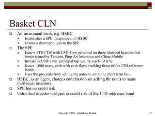 Copyright © 2018 CapitaLogic Limited 17
Basket CLN
 An investment bank, e.g. HSBC
 Establishes a SPE independent of HSBC
 Grants a short term loan to the SPE
 The SPE
 Issue a 1TD CDS with USD 1 mn principal on three identical hypothetical
bonds issued by Tencent, Ping An Insurance and China Mobile
 Invests in USD 1 mn principal top quality assets (AAA)
 Issues 1,000 notes, each with cash flows tracking those of the 1TD reference
bonds
 Uses the proceeds from selling the notes to settle the short term loan
 HSBC, as an agent, charges commission on selling the notes to many
individual investors
 SPE has no credit risk
 Individual investors subject to credit risk of the 1TD reference bond
 