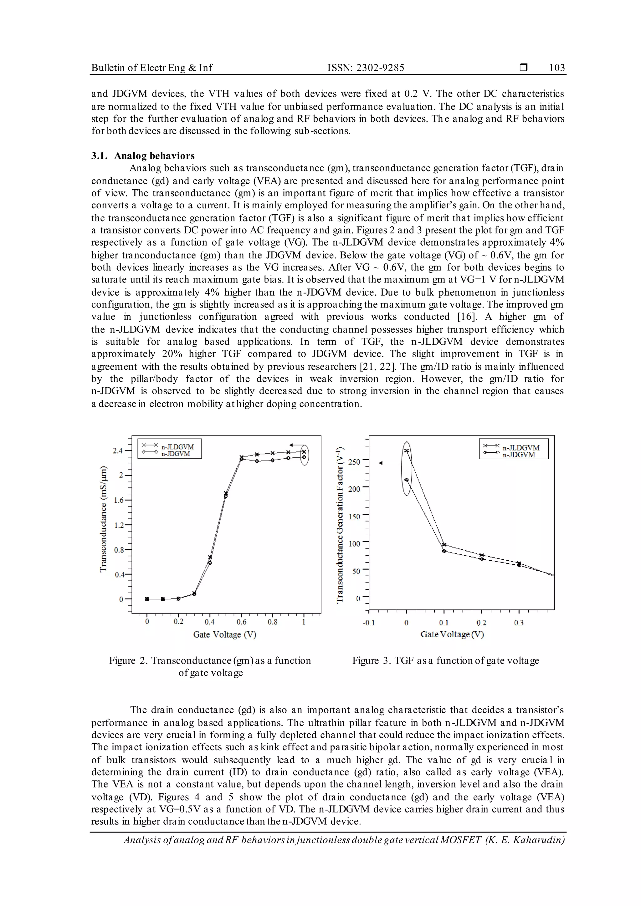 Bulletin of Electr Eng & Inf ISSN: 2302-9285 
Analysis of analog and RF behaviors in junctionless double gate vertical MOSFET (K. E. Kaharudin)
103
and JDGVM devices, the VTH values of both devices were fixed at 0.2 V. The other DC characteristics
are normalized to the fixed VTH value for unbiased performance evaluation. The DC analysis is an initial
step for the further evaluation of analog and RF behaviors in both devices. The analog and RF behaviors
for both devices are discussed in the following sub-sections.
3.1. Analog behaviors
Analog behaviors such as transconductance (gm), transconductance generation factor (TGF), drain
conductance (gd) and early voltage (VEA) are presented and discussed here for analog performance point
of view. The transconductance (gm) is an important figure of merit that implies how effective a transistor
converts a voltage to a current. It is mainly employed for measuring the amplifier’s gain. On the other hand,
the transconductance generation factor (TGF) is also a significant figure of merit that implies how efficient
a transistor converts DC power into AC frequency and gain. Figures 2 and 3 present the plot for gm and TGF
respectively as a function of gate voltage (VG). The n-JLDGVM device demonstrates approximately 4%
higher tranconductance (gm) than the JDGVM device. Below the gate voltage (VG) of ~ 0.6V, the gm for
both devices linearly increases as the VG increases. After VG ~ 0.6V, the gm for both devices begins to
saturate until its reach maximum gate bias. It is observed that the maximum gm at VG=1 V for n-JLDGVM
device is approximately 4% higher than the n-JDGVM device. Due to bulk phenomenon in junctionless
configuration, the gm is slightly increased as it is approaching the maximum gate voltage. The improved gm
value in junctionless configuration agreed with previous works conducted [16]. A higher gm of
the n-JLDGVM device indicates that the conducting channel possesses higher transport efficiency which
is suitable for analog based applications. In term of TGF, the n-JLDGVM device demonstrates
approximately 20% higher TGF compared to JDGVM device. The slight improvement in TGF is in
agreement with the results obtained by previous researchers [21, 22]. The gm/ID ratio is mainly influenced
by the pillar/body factor of the devices in weak inversion region. However, the gm/ID ratio for
n-JDGVM is observed to be slightly decreased due to strong inversion in the channel region that causes
a decrease in electron mobility at higher doping concentration.
Figure 2. Transconductance (gm)as a function
of gate voltage
Figure 3. TGF as a function of gate voltage
The drain conductance (gd) is also an important analog characteristic that decides a transistor’s
performance in analog based applications. The ultrathin pillar feature in both n-JLDGVM and n-JDGVM
devices are very crucial in forming a fully depleted channel that could reduce the impact ionization effects.
The impact ionization effects such as kink effect and parasitic bipolar action, normally experienced in most
of bulk transistors would subsequently lead to a much higher gd. The value of gd is very crucia l in
determining the drain current (ID) to drain conductance (gd) ratio, also called as early voltage (VEA).
The VEA is not a constant value, but depends upon the channel length, inversion level and also the drain
voltage (VD). Figures 4 and 5 show the plot of drain conductance (gd) and the early voltage (VEA)
respectively at VG=0.5V as a function of VD. The n-JLDGVM device carries higher drain current and thus
results in higher drain conductance than the n-JDGVM device.
 