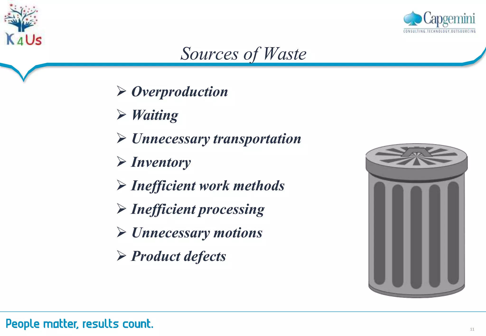 Sources of Waste
 Overproduction
 Waiting
 Unnecessary transportation
 Inventory
 Inefficient work methods
 Inefficient processing
 Unnecessary motions
 Product defects
11
 