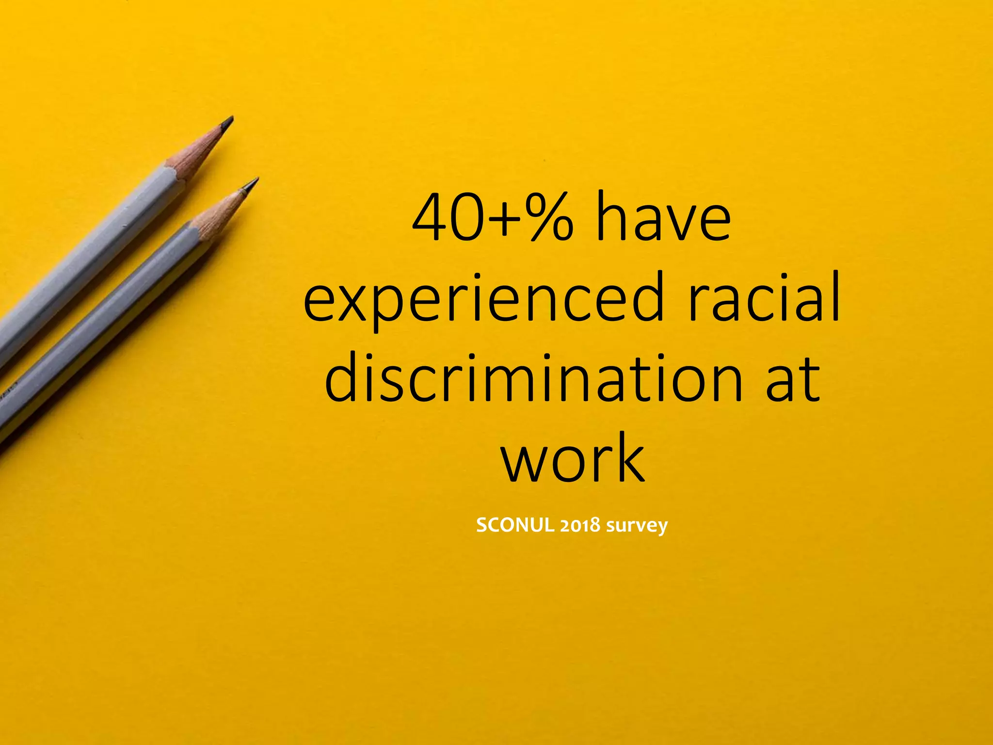 40+% have
experienced racial
discrimination at
work
SCONUL 2018 survey
 
