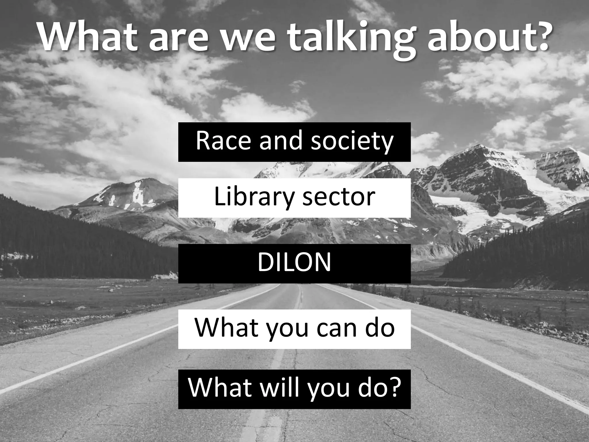 What are we talking about?
Race and society
Library sector
DILON
What will you do?
What you can do
 