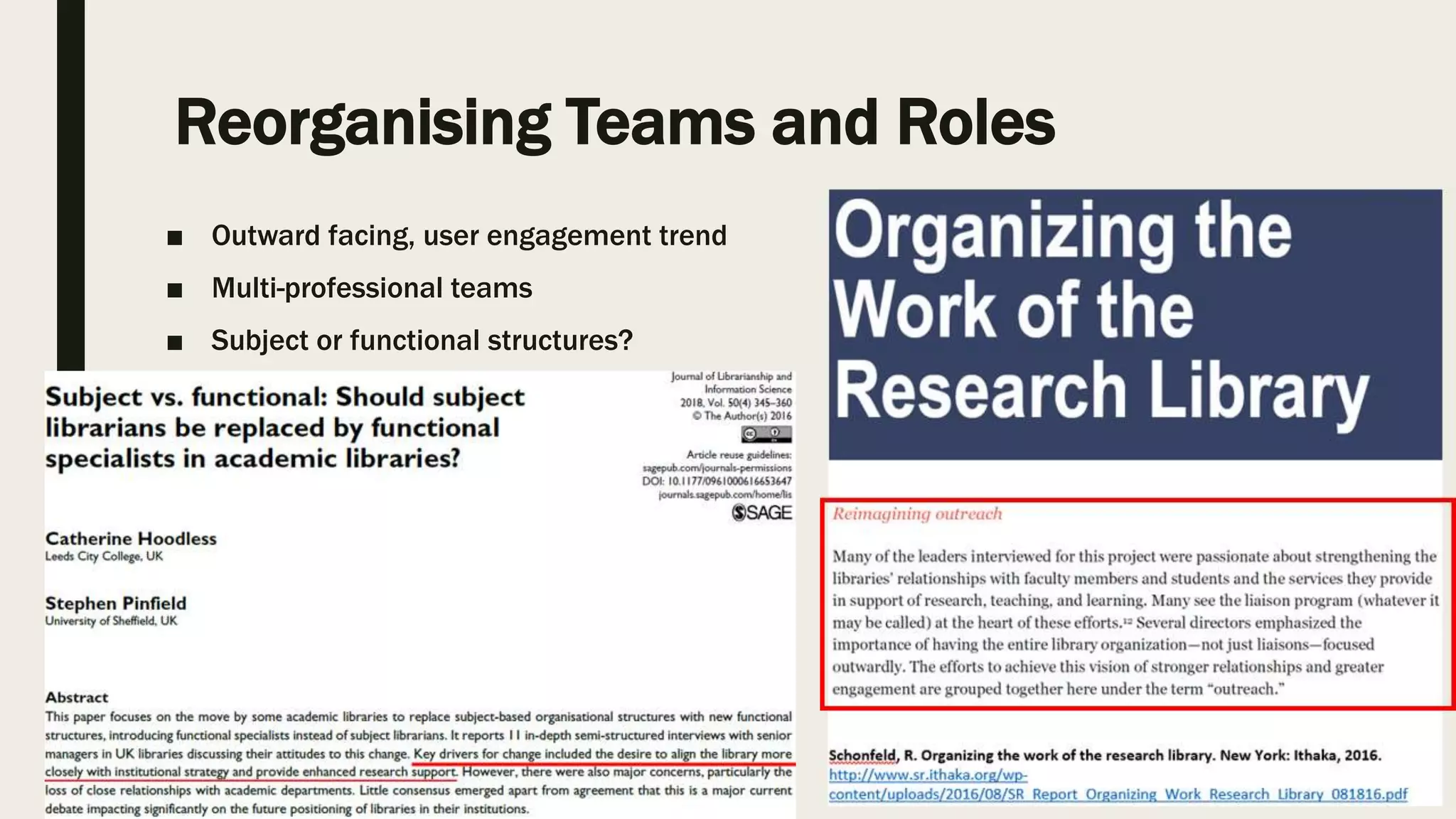 Reorganising Teams and Roles
■ Outward facing, user engagement trend
■ Multi-professional teams
■ Subject or functional structures?
 