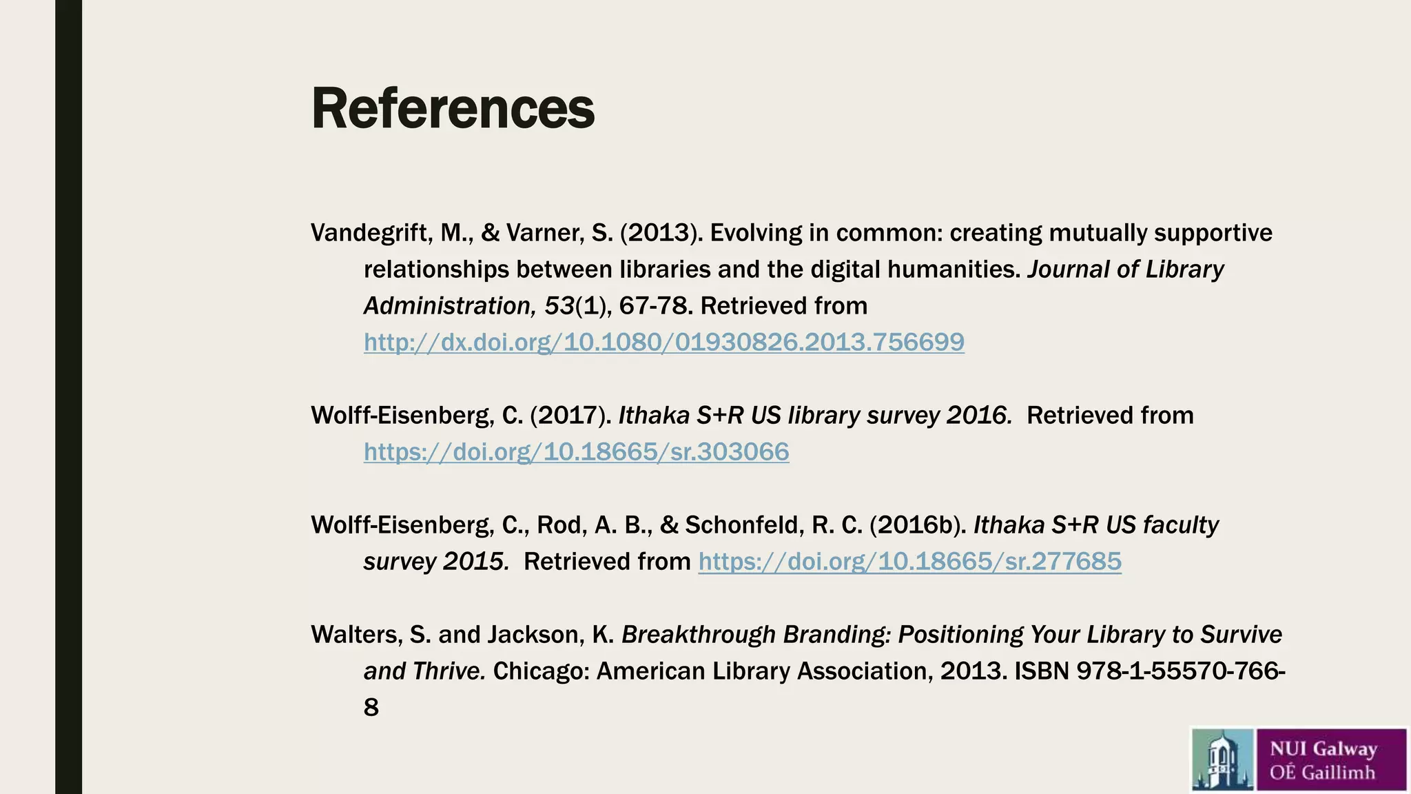 References
Vandegrift, M., & Varner, S. (2013). Evolving in common: creating mutually supportive
relationships between libraries and the digital humanities. Journal of Library
Administration, 53(1), 67-78. Retrieved from
http://dx.doi.org/10.1080/01930826.2013.756699
Wolff-Eisenberg, C. (2017). Ithaka S+R US library survey 2016. Retrieved from
https://doi.org/10.18665/sr.303066
Wolff-Eisenberg, C., Rod, A. B., & Schonfeld, R. C. (2016b). Ithaka S+R US faculty
survey 2015. Retrieved from https://doi.org/10.18665/sr.277685
Walters, S. and Jackson, K. Breakthrough Branding: Positioning Your Library to Survive
and Thrive. Chicago: American Library Association, 2013. ISBN 978-1-55570-766-
8
 