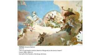 TIEPOLO, Giovanni Battista
1752-53
"The sun god Apollo conducts Beatrix of Burgundy to the Genius Imperii"
Fresco, 1900 x 3050 cm
Stairwell of the Residenz, Würzburg, Germany
 
