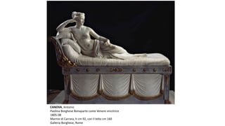 CANOVA, Antonio
Paolina Borghese Bonaparte come Venere vincitrice
1805-08
Marmo di Carrara, h cm 92, con il letto cm 160
Galleria Borghese, Rome
 