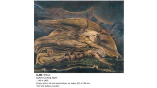BLAKE, William
Elohim Creating Adam
1795–c.1805
Colour print, ink and watercolour on paper, 431 x 536 mm
The Tate Gallery, London
 