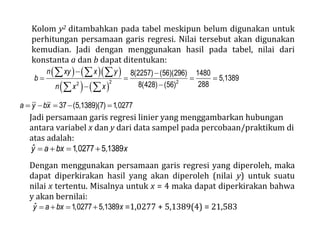 Kolom y2 ditambahkan pada tabel meskipun belum digunakan untuk
perhitungan persamaan garis regresi. Nilai tersebut akan digunakan
kemudian. Jadi dengan menggunakan hasil pada tabel, nilai dari
konstanta a dan b dapat ditentukan:
    
   
 
   

  
 
2 22
8(2257) (56)(296) 1480
5,1389
2888(428) (56)
n xy x y
b
n x x
    37 (5,1389)(7) 1,0277a y bx
Jadi persamaan garis regresi linier yang menggambarkan hubungan
antara variabel x dan y dari data sampel pada percobaan/praktikum di
atas adalah:
   ˆ 1,0277 5,1389y a bx x
Dengan menggunakan persamaan garis regresi yang diperoleh, maka
dapat diperkirakan hasil yang akan diperoleh (nilai y) untuk suatu
nilai x tertentu. Misalnya untuk x = 4 maka dapat diperkirakan bahwa
y akan bernilai:
   ˆ 1,0277 5,1389y a bx x =1,0277 + 5,1389(4) = 21,583
 
