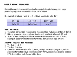 Data di bawah ini menunjukkan jumlah produksi suatu barang dan biaya
produksi yang dikeluarkan oleh suatu perusahaan.
X = Jumlah produksi ( unit ) ; Y = Biaya produksi ( juta Rp )
SOAL & KUNCI JAWABAN:
PERTANYAAN:
1. Tentukan persamaan regresi yang menunjukkan hubungan antara Y dan X.
2. Hitung besarnya biaya produksi jika jumlah produksi sebanyak 10 unit
3. Jika r = 0,99 merupakan nilai koefisien korelasi antara X dan Y, maka
hitunglah besarnya koefisien determinasi dan jelaskan apa artinya.
JAWAB: Regresi dan Korelasi
1. Y = 5,6 + 1,6 X
2. Y = Rp. 21,6 juta
3. Koefisien determinasi = r2 = 0,98 %, artinya besarnya pengaruh jumlah
produksi terhadap biaya produksi adalah 98 %, sedangkan sisanya sebesar
2 % disebabkan oleh faktor-faktor lain.
∑X = 20 ∑Y = 60 ∑XY = 256
∑X2 = 90 ∑Y2 = 746 n = 5
 