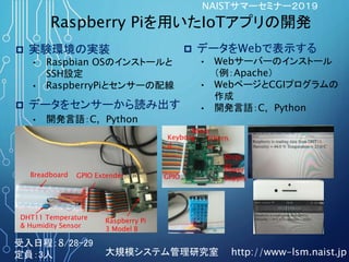 Mous
eKeyboar
d
Ethern
et
Displ
ay
Power
SupplyGPIO
DHT11 Temperature
& Humidity Sensor
Raspberry Pi
3 Model B
Breadboard GPIO Extender
Raspberry Piを用いたIoTアプリの開発
大規模システム管理研究室 http://www-lsm.naist.jp
NAISTサマーセミナー２０１９
 データをセンサーから読み出す
• 開発言語：C, Python
 実験環境の実装
• Raspbian OSのインストールと
SSH設定
• RaspberryPiとセンサーの配線
 データをWebで表示する
• Webサーバーのインストール
（例：Apache）
• WebページとCGIプログラムの
作成
• 開発言語：C, Python
受入日程：8/28-29
定員：3人
 