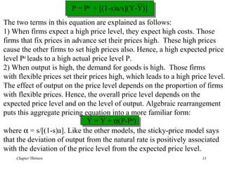 Chapter Thirteen 13
P = Pe
+ [(1-s)a/s](Y-Y)]
The two terms in this equation are explained as follows:
1) When firms expect a high price level, they expect high costs. Those
firms that fix prices in advance set their prices high. These high prices
cause the other firms to set high prices also. Hence, a high expected price
level Pe
leads to a high actual price level P.
2) When output is high, the demand for goods is high. Those firms
with flexible prices set their prices high, which leads to a high price level.
The effect of output on the price level depends on the proportion of firms
with flexible prices. Hence, the overall price level depends on the
expected price level and on the level of output. Algebraic rearrangement
puts this aggregate pricing equation into a more familiar form:
where α = s/[(1-s)a]. Like the other models, the sticky-price model says
that the deviation of output from the natural rate is positively associated
with the deviation of the price level from the expected price level.
Y = Y + α(P-Pe
)
 