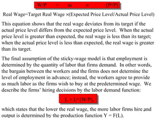 Chapter Thirteen 6
W/P = ω × (Pe
/P)
Real Wage=Target Real Wage ×(Expected Price Level/Actual Price Level)
This equation shows that the real wage deviates from its target if the
actual price level differs from the expected price level. When the actual
price level is greater than expected, the real wage is less than its target;
when the actual price level is less than expected, the real wage is greater
than its target.
The final assumption of the sticky-wage model is that employment is
determined by the quantity of labor that firms demand. In other words,
the bargain between the workers and the firms does not determine the
level of employment in advance; instead, the workers agree to provide
as much labor as the firms wish to buy at the predetermined wage. We
describe the firms’ hiring decisions by the labor demand function:
L = Ld
(W/P),
which states that the lower the real wage, the more labor firms hire and
output is determined by the production function Y = F(L).
 