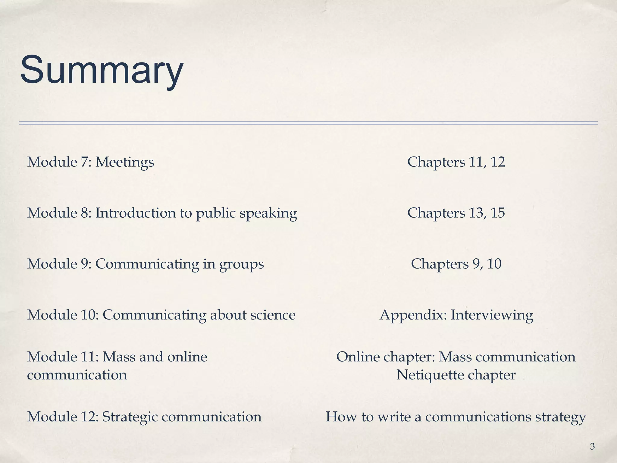 Summary

Module 7: Meetings                                     Chapters 11, 12


Module 8: Introduction to public speaking              Chapters 13, 15


Module 9: Communicating in groups                       Chapters 9, 10


Module 10: Communicating about science             Appendix: Interviewing

Module 11: Mass and online                   Online chapter: Mass communication
communication                                         Netiquette chapter

Module 12: Strategic communication          How to write a communications strategy
                                                                                     3
 