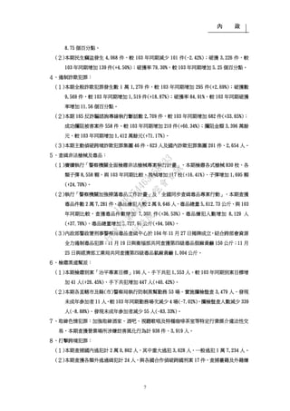 內 政
7
8.75 個百分點。
(２)本期民生竊盜發生 4,068 件，較 103 年同期減少 101 件(-2.42%)；破獲 3,226 件，較
103 年同期增加 139 件(+4.50%)；破獲率 79.30%，較 103 年同期增加 5.25 個百分點。
４、遏制詐欺犯罪：
(１)本期全般詐欺犯罪發生數 1 萬 1,270 件，較 103 年同期增加 295 件(+2.69%)；破獲數
9,569 件，較 103 年同期增加 1,519 件(+18.87%)；破獲率 84.91%，較 103 年同期破獲
率增加 11.56 個百分點。
(２)本期 165 反詐騙諮詢專線執行斷話數 2,709 件，較 103 年同期增加 682 件(+33.65%)；
成功攔阻被害案件 558 件，較 103 年同期增加 210 件(+60.34%)；攔阻金額 3,396 萬餘
元，較 103 年同期增加 1,412 萬餘元(+71.17%)。
(３)本期主動偵破跨境詐欺犯罪集團 46 件、623 人及國內詐欺犯罪集團 201 件、2,654 人。
５、查緝非法槍械及毒品：
(１)賡續執行「警察機關全面檢肅非法槍械專案執行計畫」，本期檢肅各式槍械 830 枝、各
類子彈 8,558 顆，與 103 年同期比較，槍械增加 117 枝(+16.41%)、子彈增加 1,695 顆
(+24.70%)。
(２)執行「警察機關加強掃蕩毒品工作計畫」及「全國同步查緝毒品專案行動」，本期查獲
毒品件數 2 萬 7,281 件，毒品嫌犯人數 2 萬 9,646 人，毒品總量 5,612.73 公斤，與 103
年同期比較，查獲毒品件數增加 7,300 件(+36.53%)，毒品嫌犯人數增加 8,129 人
(+37.78%)，毒品總量增加 2,727.91 公斤(+94.56%)。
(３)內政部警政署刑事警察局毒品查緝中心於 104 年 11 月 27 日揭牌成立，結合跨部會資源
全力遏制毒品犯罪；11 月 19 日與衛福部共同查獲第四級毒品假麻黃鹼 150 公斤；11 月
25 日與經濟部工業局共同查獲第四級毒品氯麻黃鹼 1,004 公斤。
６、檢肅黑道幫派：
(１)本期檢肅到案「治平專案目標」196 人、手下共犯 1,553 人，較 103 年同期到案目標增
加 41 人(+26.45%)、手下共犯增加 447 人(+40.42%)。
(２)本期各直轄市及縣(市)警察局執行防制黑幫勤務 53 場、實施攔檢盤查 3,479 人、發現
未成年參加者 11 人，較 103 年同期勤務場次減少 4 場(-7.02%)、攔檢盤查人數減少 339
人(-8.88%)、發現未成年參加者減少 55 人(-83.33%)。
７、取締色情犯罪：加強取締酒家、酒吧、視聽歌唱及特種咖啡茶室等特定行業媒介違法性交
易，本期查獲營業場所涉嫌妨害風化行為計 938 件、3,919 人。
８、打擊跨境犯罪：
(１)本期查捕國內逃犯計 2 萬 0,862 人，其中重大逃犯 3,628 人，一般逃犯 1 萬 7,234 人。
(２)本期查獲各類外逃通緝犯計 24 人，與各國合作偵破跨國刑案 17 件，查捕臺籍及外籍嫌
行
政
院
行
政
院
第
3485次
院
會
會
議
1F3E754463658433
 