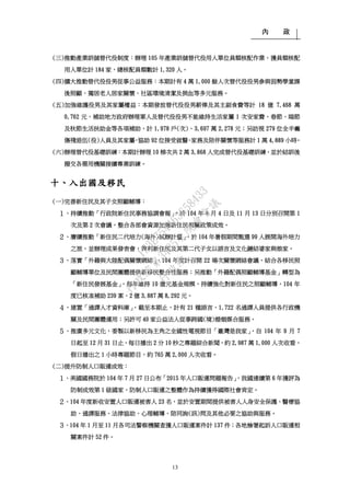 內 政
13
(三)推動產業訓儲替代役制度：辦理 105 年產業訓儲替代役用人單位員額核配作業，獲員額核配
用人單位計 184 家，總核配員額數計 1,320 人。
(四)擴大推動替代役役男從事公益服務：本期計有 4 萬 1,000 餘人次替代役役男參與弱勢學童課
後照顧、獨居老人居家關懷、社區環境清潔及捐血等多元服務。
(五)加強維護役男及其家屬權益：本期發放替代役役男薪俸及其主副食費等計 18 億 7,468 萬
0,762 元，補助地方政府辦理軍人及替代役役男不能維持生活家屬 1 次安家費、春節、端節
及秋節生活扶助金等各項補助，計 1,978 戶(次)、3,697 萬 2,278 元；另訪視 279 位全半癱
傷殘退伍(役)人員及其家屬，協助 92 位接受就醫、家務及陪伴關懷等服務計 1 萬 4,889 小時。
(六)辦理替代役基礎訓練：本期計辦理 10 梯次共 2 萬 3,868 人完成替代役基礎訓練，並於結訓後
撥交各需用機關接續專業訓練。
十、入出國及移民
(一)完善新住民及其子女照顧輔導：
１、持續推動「行政院新住民事務協調會報」，於 104 年 8 月 4 日及 11 月 13 日分別召開第 1
次及第 2 次會議，整合各部會資源加強新住民相關政策成效。
２、賡續推動「新住民二代培力(海外)試辦計畫」，於 104 年暑假期間甄選 99 人展開海外培力
之旅，並辦理成果發表會，俾利新住民及其第二代子女以語言及文化鏈結婆家與娘家。
３、落實「外籍與大陸配偶關懷網絡」，104 年度計召開 22 場次關懷網絡會議，結合各移民照
顧輔導單位及民間團體提供新移民整合性服務；另推動「外籍配偶照顧輔導基金」轉型為
「新住民發展基金」，每年維持 10 億元基金規模，持續強化對新住民之照顧輔導，104 年
度已核准補助 239 案、2 億 3,887 萬 8,292 元。
４、建置「通譯人才資料庫」，截至本期止，計有 21 種語言、1,722 名通譯人員提供各行政機
關及民間團體運用；另許可 40 家公益法人從事跨國(境)婚姻媒合服務。
５、推廣多元文化，委製以新移民為主角之全國性電視節目「臺灣是我家」，自 104 年 9 月 7
日起至 12 月 31 日止，每日播出 2 分 10 秒之專題綜合新聞，約 2,987 萬 1,000 人次收看，
假日播出之 1 小時專題節目，約 765 萬 2,000 人次收看。
(二)提升防制人口販運成效：
１、美國國務院於 104 年 7 月 27 日公布「2015 年人口販運問題報告」，我國連續第 6 年獲評為
防制成效第 1 級國家，防制人口販運之整體作為持續獲得國際社會肯定。
２、104 年度新收安置人口販運被害人 23 名，並於安置期間提供被害人人身安全保護、醫療協
助、通譯服務、法律協助、心理輔導、陪同詢(訊)問及其他必要之協助與服務。
３、104 年 1 月至 11 月各司法警察機關查獲人口販運案件計 137 件；各地檢署起訴人口販運相
關案件計 52 件。
行
政
院
行
政
院
第
3485次
院
會
會
議
1F3E754463658433
 