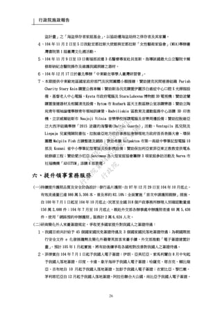 行政院施政報告
26
盜計畫」之「海盜倖存者家庭基金」，以協助遭海盜劫持之倖存者及其家屬。
４、104 年 11 月 2 日至 5 日我駐宏都拉斯大使館與宏都拉斯「女性藝術家協會」(MUA)舉辦臺
灣書院第 1 屆臺灣文化週活動。
５、104 年 11 月 9 日至 13 日衛福部派遣 3 名醫療專家赴貝里斯，指導該國最大公立醫院卡爾
修斯納紀念醫院操作及維護我國捐贈之器材。
６、104 年 12 月 17 日於臺北舉辦「中東歐在華學人臺灣研習營」。
７、本期提供中東歐地區國家政府部門及民間團體小額援贈：贊助捷克民間慈善組織 Parish
Charity Stary Knin 購置公務車輛；贊助斯洛伐克購置伊麗莎白癌症中心口腔 X 光掃描設
備、基督老人中心電腦、Kysta 市政府電腦及 Stara Lubovna 博物館 3D 電視機；贊助波蘭
購置復健器材及相關清洗設備、Bytom 市 Rozbark 區天主教區辦公室添購樂器；贊助立陶
宛青年領袖論壇舉辦青年領袖訓練營、Radviliskis 區教育及運動服務中心添購 3D 印表
機、立京威爾紐斯市 Naujoji Vilnia 音樂學校採購電腦及音樂周邊設備；贊助拉脫維亞
泛大西洋組織舉辦「2015 波羅的海警衛(Baltic Guards)」活動、Ventspils 孤兒院及
Liepaja 兒童殘障院書包、拉脫維亞地方政府事務協會辦理地方政府首長表揚大會、環保
團體 Malpils Fish 古蹟整建及鋪路；贊助希臘 Nafpaktos 市第一高級中學筆記型電腦 10
部及 Kozani 省中小學筆記型電腦及投影機設備；贊助保加利亞索菲亞東正教教堂供電系
統修繕工程；贊助愛沙尼亞 Saaremaa 島大型家庭協會籌辦 3 項家庭參訪活動及 Narva 市
社福機構「ADIUTUM」添購 6 部筆電。
六、提升領事業務服務
(一)持續提升護照品質及安全防偽設計：發行晶片護照，自 97 年 12 月 29 日至 104 年 10 月底止，
有效流通量已達 986 萬 5,306 本，普及率約 82.18%；全面實施「首次申請護照親辦」措施，
自 100 年 7 月 1 日起至 104 年 10 月底止，民眾至全國 318 個戶政事務所辦理人別確認數量達
150 萬 2,688 件；104 年 7 月至 10 月底止，親赴外交部各辦事處申辦護照者達 60 萬 5,436
件，使用「網路預約申辦護照」服務計 2 萬 6,624 人次。
(二)研商簡化外人來臺簽證規定，爭取更多國家提升對我國人之簽證待遇：
１、我國目前共計給予 45 個國家國民免簽證待遇及 3 個國家國民落地簽證待遇；為朝國際旅
行安全文件 e 化發展趨勢及簡化外籍菁英旅客來臺手續，外交部推動「電子簽證建置計
畫」，預計 105 年 1 月起實施，將有助後續爭取各國相對改善對我國人之簽證待遇。
２、菲律賓自 104 年 7 月 1 日起予我國人電子簽證；伊朗、亞美尼亞、索馬利蘭自 8 月中旬起
予我國人落地簽證，印度、卡達、象牙海岸予我國人電子簽證；哈薩克、塔吉克、賴比瑞
亞、吉布地自 10 月起予我國人落地簽證，加彭予我國人電子簽證；衣索比亞、黎巴嫩、
茅利塔尼亞自 12 月起予我國人落地簽證，阿拉伯聯合大公國、尚比亞予我國人電子簽證。
行
政
院
行
政
院
第
3485次
院
會
會
議
1F3E754463658433
 