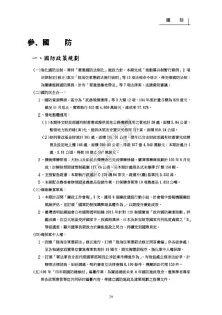 國 防
29
參、國 防
一、國防政策規劃
(一)強化國防法制：秉持「貫徹國防法制化」施政方針，本期完成「推動募兵制暫行條例」2 項
法律制定(修正)案及「陸海空軍懲罰法施行細則」等 13 項法規命令修正，俾完備國防法制；
為賡續推展國防業務，計有「要塞堡壘地帶法」等 7 項法律案，送請貴院審議。
(二)國防民生合一：
１、國防資源釋商：區分為「武器裝備獲得」等 3 大類 12 項，104 年度計畫目標為 820 億元，
截至 11 月底止，實際執行 633 億 4,600 萬餘元，達成率 77.62%。
２、營地整體運用：
(１)本期移交財政部國有財產署或撥供其他公務機關運用之營地計 38 處、面積 5.84 公頃；
暫借地方政府綠(美)化、提供休閒及安置災民借用 312 案、面積 659.24 公頃。
(２)納列營改基金財源計 391 處、面積 591.01 公頃，歷年已交由財政部國有財產署完成標
售及設定地上權 140 處、面積 290.92 公頃，得款 657 億 4,942 萬餘元；本期計處分 1
處、3.01 公頃，得款 10 億 8,597 萬餘元。
３、積極彈藥管理：大肚山及新武呂彈藥庫已完成彈藥移儲，蘭潭彈藥庫規劃於 105 年 6 月完
成；計解除禁限建管制範圍 137.69 公頃。另本期計處理各式未爆彈 27 類 154 顆。
４、支援緊急疏運：本期執行疏運計 C-130 機 84 架次，疏運外(離)島軍民 3,352 員。
５、本期配合農委會辦理國產農產品促銷作業，計採購香蕉等 10 項農產品 1,853 公噸。
(三)確維廉潔軍風：
１、本期計召開「廉政工作會報」3 次，運用 9 個廉政建設行動小組，於會報中提報機關廉政
風險評估，並訂頒「國軍防制採購弊端具體作為」，以期提升廉能成效。
２、臺灣透明組織協會公布國際透明組織 2015 年針對 120 餘國實施「政府國防廉潔指數」評
鑑成績，在亞太地區受評國家中，我國與澳洲、日本及新加坡等國家同列低度貪腐之「B」
等級國家，顯示國軍長期致力於廉能施政之努力，持續受到國際肯定。
(四)確保軍中人權：
１、因應「陸海空軍懲罰法」修正施行，訂頒「陸海空軍懲罰法修正問答彙編」供各級參處；
至各悔過室設置單位實施專案教育計 10 場次，期完備懲罰程序，強化軍中人權保障。
２、訂頒「軍法軍官全面代理國軍部隊因公涉訟案件精進作為」，有效協處公務涉法紛爭，計
辦理法律諮詢、糾紛調處、契約審查及法律會稿 8,100 餘件、機關訴訟代理 153 件。
(五)106 年「四年期國防總檢討」編纂作業：為闡述總統未來 4 年國防施政理念，邀集學者專家
與各政策業管單位共同研討編纂內容，俾建立國防施政及建軍規劃之指導文件。
行
政
院
行
政
院
第
3485次
院
會
會
議
1F3E754463658433
 