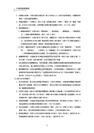 行政院施政報告
32
３、落實新兵訓練：本期共接訓各類役男 7 萬 2,000 餘人次；針對年度接訓實況，持續檢討與
精進，以奠定國軍基礎戰力。
４、精進資電戰力：本期配合「漢光 31 號」演習實兵操演、「聯翔」、「聯勇」與「聯電」等操
演，計完成 10 梯次訓練；另辦理聯合資電作戰巡迴講習 8 場次，共 1,140 人參訓。
５、縝密聯戰督考：
(１)聯戰訓練督考：本期計執行「聯勇操演」、「聯信操演」、「聯興操演」、「聯雲操演」
及「三軍聯合實彈射擊操演」督考，共計 11 場次。
(２)部隊訓練督考：本期計督考三軍司令部、軍團級(海、空軍比照)及聯兵旅級等 18 個單
位；並針對陸軍 AH-64E 型機、戰術偵搜大隊無人飛行載具、空軍 P-3C 型機及愛國者三
型飛彈系統等新式裝備，實施接、換裝訓練督(輔)導計 8 次。
(３)飛行、艦艇部隊督考：赴飛行及艦艇部隊以無預警方式，針對「風險管理」、「飛安管
理」、「飛訓現況」、「人員現況」及「修護補給」等 5 大面向實施督考，本期已完成
「三軍新機換裝訓練飛航安全整備」等 9 項專案督考，確保飛航安全。
６、編纂國軍準則：本期編(修)訂軍種及專業類準則計要綱 6 種、教則 12 種、教範 29 種、手
冊 39 種，共 86 種，提供部隊演訓、救災及講習之執行準據。
７、強化國軍資安防護整體效能：將防毒軟體、移動式媒體管控軟體及國軍營區網路管理系統
(BNS)事件訊息，導入國軍資安防護中心分析流程，以周延資安警訊整合作為。
８、嚴格體能訓測：為強化國軍體能並提倡運動風氣，以科學訓練處方、精進訓練方法、落實
健康管理及提高訓練目標等作為，本期體能訓測合格率為 90.3%；另游泳訓練採「管道化」
模式後，官兵具 50 公尺泳技能力，合格率已達 80.8%。
(五)強化全民防衛戰力：
１、提升演習成效：配合漢光演習實兵操演執行「自強 33 號演習」，期間運用媒體與作戰指揮
體系同時下達徵購、徵用令及生產轉換令，運用全民戰力綜合協調組織遂行各項動員演
練，驗證動員整備效能。
２、完善物力簽證：為能充分運用國家總體資源，戰時擴大支援能量，已完成重要物資 8 類 161
項、固定設施 4 類 3 萬 2,315 間(座)、車輛 3 萬 634 輛及各型輸具暨工程重機械 1,901 部
等簽證作業、軍需工業動員工廠計 668 家。
３、精進業管職能：為增進各級動員業務主管及幹部專業知能，提升動員工作成效，本期分 3
個地區辦理全民防衛動員業務講習 4 場次，共計 735 員參訓。
４、強化會報運作：本期計召開地方政府級動員、戰綜、災防三合一會報 22 場次，地區戰綜
會報 7 場次，將兵棋推演與戰災搶救納入各會報中，以強化跨區整合功能。
５、精進後備動員：本期已分別完成教育召集訓練 166 梯次，4 萬 4,900 餘人，報到率 98.6%；
軍事勤務隊召集訓練 216 梯次，2 萬 4,900 餘人，報到率 98.71%。
行
政
院
行
政
院
第
3485次
院
會
會
議
1F3E754463658433
 