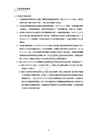 行政院施政報告
56
(三)加強保戶權益保障：
１、為落實對經濟弱勢民眾之照顧，賡續加強推動微型保險，截至 104 年 12 月底止，微型保
險累計承保人數已突破 22 萬人，累計承保金額逾 758 億元。
２、為促進長期照顧保險商品推廣及維護消費者權益，104 年 7 月 1 日實施「長期照顧保險單
示範條款」，示範條款實施後，商業長照保險商品之「長期照顧狀態」定義已有一致標準。
３、為使重大疾病項目及定義更符合現行醫學實務用語，以維護消費者權益，104 年 7 月 23 日
核定中華民國人壽保險商業同業公會所報「保險業重大疾病項目及標準定義修正案」，並
自 105 年 1 月 1 日起實施；另依病況程度予以分級(輕度及重度)，以滿足消費者不同之保
障需求。
４、為保障消費者權益，於 104 年 10 月 28 日責成中華民國人壽保險商業同業公會就保戶未申
請給付之生存金或滿期金部分，訂定控管機制。另壽險公會並與新北市政府合作，自 104
年 11 月 1 日起，民眾可選擇申請向壽險公會通報亡故者死亡登記資料，透過該府跨機關
通報服務系統將資料傳送至壽險公會，並交由各保險公司協助清查承保情形，經確認被保
險人亡故者，後續由各保險公司另行通知保險受益人辦理相關給付。
５、對於 104 年 6 月 27 日八仙樂園發生粉塵爆炸意外事故造成眾多民眾受傷，因應措施如下：
(１)截至 104 年 12 月底止，計有保戶 488 人，保險公司已理賠金額約 4.81 億元(其中學生
保險約 0.58 億元)。
(２)鑑於大型活動主辦單位投保之公共意外責任保險單一事故之保險金額，無法提供多數傷
亡民眾獲得合理權益保障，已研擬「公共場所或舉辦各類活動投保責任保險適足保險金
額建議方案」，並於 104 年 8 月 13 日函送各相關部會及各地方政府參辦；又為確保活
動安全及維護消費者權益，並於方案內建議各級主管機關應規範舉辦活動之業者提交活
動計畫書並落實風險管理，且建議業者於營業場所內或活動場地明顯處，向消費者揭露
已投保公共意外責任保險。
行
政
院
行
政
院
第
3485次
院
會
會
議
1F3E754463658433
 
