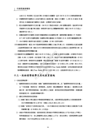 行政院施政報告
66
出前 3 名、特別獎 2 名及佳行獎，計表揚 54 個團隊，並於 104 年 12 月 6 日辦理頒獎典禮。
４、持續辦理青年國際志工及海外僑校志工服務計畫，補助 116 團隊、1,238 名 18 歲至 30 歲
青年赴 19 個國家進行國際志工服務，並舉辦行前培力訓練。
５、配合我國與英國青年交流計畫，104 年分 2 階段共核發 1,000 個贊助證明，協助青年申請
英國青年交流計畫(YMS)簽證；辦理青年海外生活體驗專案貸款，截至 104 年 12 月底止，
獲貸青年計 434 人。
６、鼓勵我國青年於國際(含兩岸)舞臺發聲及完成國際壯舉，國際發聲計畫補助 57 件提案，
計 7,907 名青年於國際發聲；另國際壯舉計畫補助 10 件提案，計 41 名青年實踐國際壯舉。
７、104 年辦理 6 場青年海外度假打工宣導會，計 961 名青年參與。
(四)推動服務學習：截至 104 年服務學習網累計瀏覽人次逾 278 萬人次；首度辦理以社區為基礎
之服務學習創新方案，補助 24 所大專校院發展長期性與社區及企業結合之服務學習方案，並
持續推動服務學習獎勵計畫。
(五)推動青年壯遊體驗學習：截至 104 年 12 月底止，已建置 54 個青年壯遊點，計辦理 378 梯次
活動、8,681 人次參與，共計服務 17 萬 1,566 人次；辦理 47 梯次暑假遊學臺灣活動，計 813
人次青年參與；辦理青年壯遊臺灣－尋找感動地圖，遴選 76 組青年團隊，計 53 組(155 人)
完成。建置青年壯遊服務體系，發行及推廣青年旅遊卡，計 18 萬 3,579 人申辦；與 11 所大
專校院及高級中等學校合作辦理青年壯遊好夥伴(Tour Buddy)服務網，定時定點提供當地景
點導覽解說服務，擔任 Tour Buddy 青年志工者計 892 人次，並服務青年朋友共 3,364 人。
十三、扶助弱勢就學及其他教育措施
(一)扶助弱勢就學：
１、偏鄉教育創新及安定措施：推動「偏鄉教育創新發展方案」及「偏鄉學校教育安定計畫」，
以「行政減量、教師安定、教學創新」為原則，藉由實驗教育、數位融入、資源媒合及典
範分享、提升學校營運效能、強化學校人力資源、善用政府與民間資源等策略，落實城鄉
教育資源分布，促進教育機會均等。
２、國民及學前教育扶弱措施：
(１)推動「國民小學及國民中學補救教學實施方案」：提供學習低成就學生小班制補救教學，
104 年開辦校數計有 3,367 校、受輔人次為 31 萬 3,218 人次。
(２)推動「新移民子女教育改進方案」：104 年補助各地方政府執行外籍及大陸配偶子女教
育輔導計畫，計 38 萬 6,351 人次受益。
３、高級中等教育扶弱措施：提供教育部主管高級中等學校各類低收入戶及中低收入戶學生、
特殊境遇家庭子女、身心障礙學生或身心障礙人士子女、原住民學生、經濟弱勢學生就學
費用補助，104 年受益學生為 16 萬 0,620 人次。
行
政
院
行
政
院
第
3485次
院
會
會
議
1F3E754463658433
 